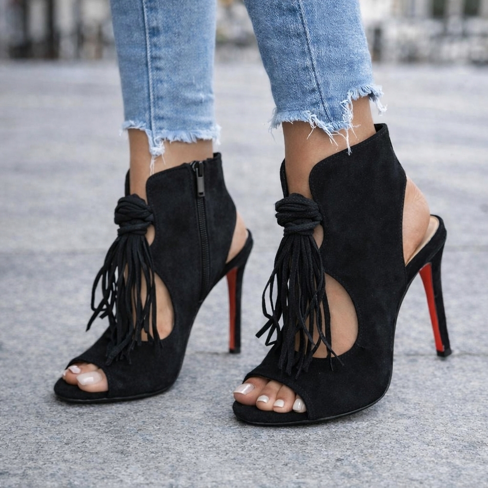 Chenxu Black Suede High Heel Sandals with Knotted Tassel Peep Toe Slingback Sz35